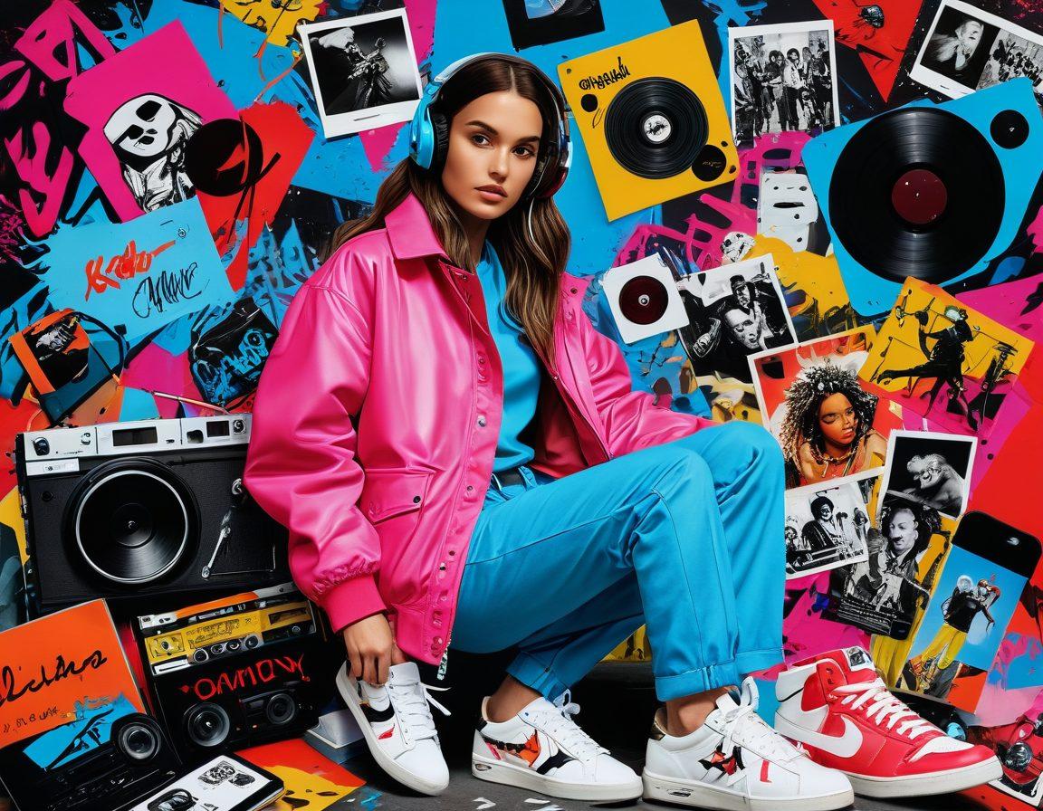 A dynamic collage showcasing various pop culture elements like iconic fashion pieces, trendy tech gadgets, and classic movie posters, intertwining with vibrant graffiti-style illustrations. Include diverse influencers and tastemakers expressing their unique styles, surrounded by symbols of music, film, and digital culture. The background should be an abstract blend of neon colors to emphasize the energetic essence of trends. super-realistic. vibrant colors. graffiti style.