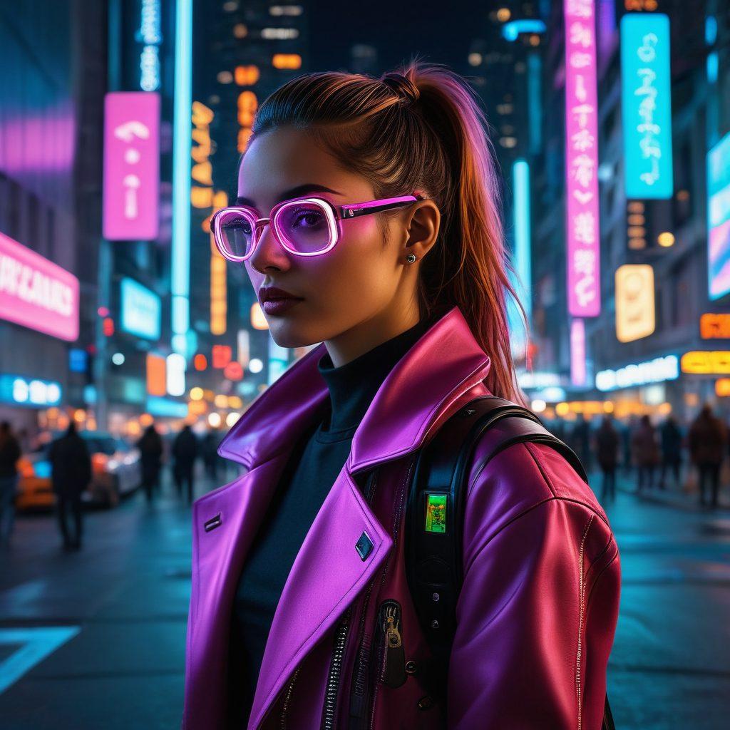 A stylish urbanite wearing futuristic fashion accessories, standing confidently in a bustling cityscape filled with digital displays and neon lights. The scene captures an intersection of high-tech elements like smart glasses and wearable gadgets, alongside trendy attire that reflects modern fashion. A blend of vibrant colors enhances the urban atmosphere, showcasing the fusion of fashion and technology. super-realistic. vibrant colors. cyberpunk.
