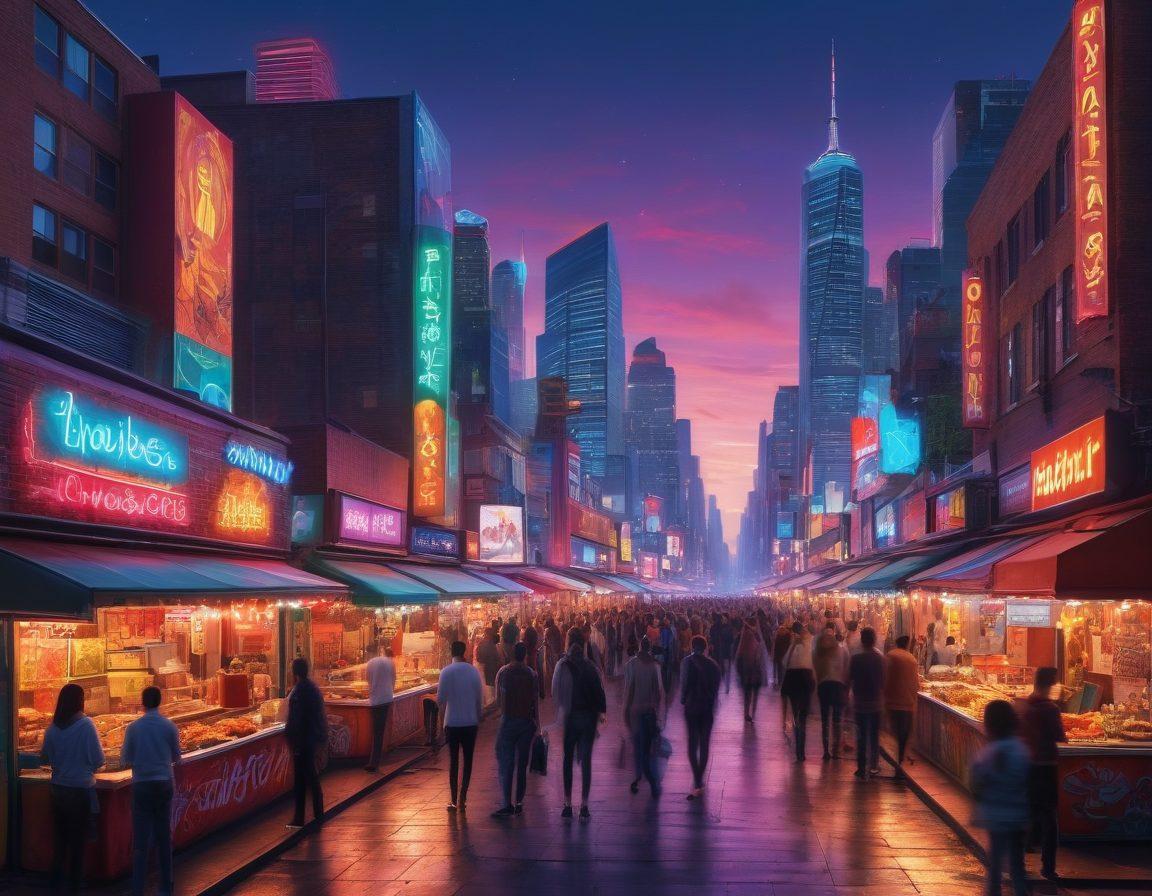 A dynamic city skyline at dusk, filled with vibrant street art and neon lights, featuring diverse individuals engaging in street performances, food stalls, and art exhibits. Highlight a blend of modern and retro elements, capturing the essence of urban lifestyle and pop culture. Incorporate lively colors and an energetic atmosphere to inspire readers. super-realistic. vibrant colors. urban setting.